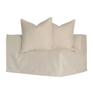 Hendrix Sofa corner section in sand, with feather cushioning and removable slipcover, timber frame modern coastal sofa with scatter cushions, available in multiple colours.
