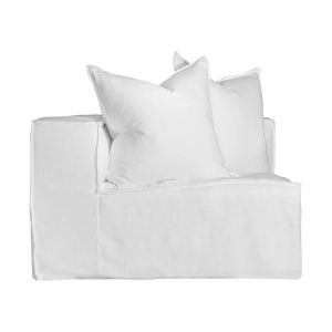 Hendrix Sofa corner section in white, with feather cushioning and removable slipcover, timber frame modern coastal sofa with scatter cushions, available in multiple colours. Side perspective.