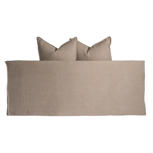 Uniqwa Hendrix Modular Sofa with curve section, with feather cushioning and removable slipcover, timber frame modern coastal sofa with scatter cushions, available in multiple colours. Back of curve section.
