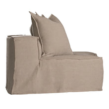 Load image into Gallery viewer, Uniqwa Hendrix Modular Sofa with curve section, with feather cushioning and removable slipcover, timber frame modern coastal sofa with scatter cushions, available in multiple colours. Side of curve section.