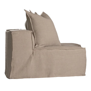 Uniqwa Hendrix Modular Sofa with curve section, with feather cushioning and removable slipcover, timber frame modern coastal sofa with scatter cushions, available in multiple colours. Side of curve section.