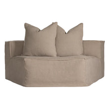 Load image into Gallery viewer, Uniqwa Hendrix Sofa curve section, with feather cushioning and removable slipcover, timber frame modern coastal sofa with scatter cushions, available in multiple colours.