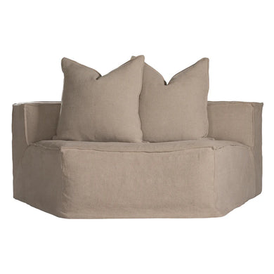 Uniqwa Hendrix Sofa curve section, with feather cushioning and removable slipcover, timber frame modern coastal sofa with scatter cushions, available in multiple colours.