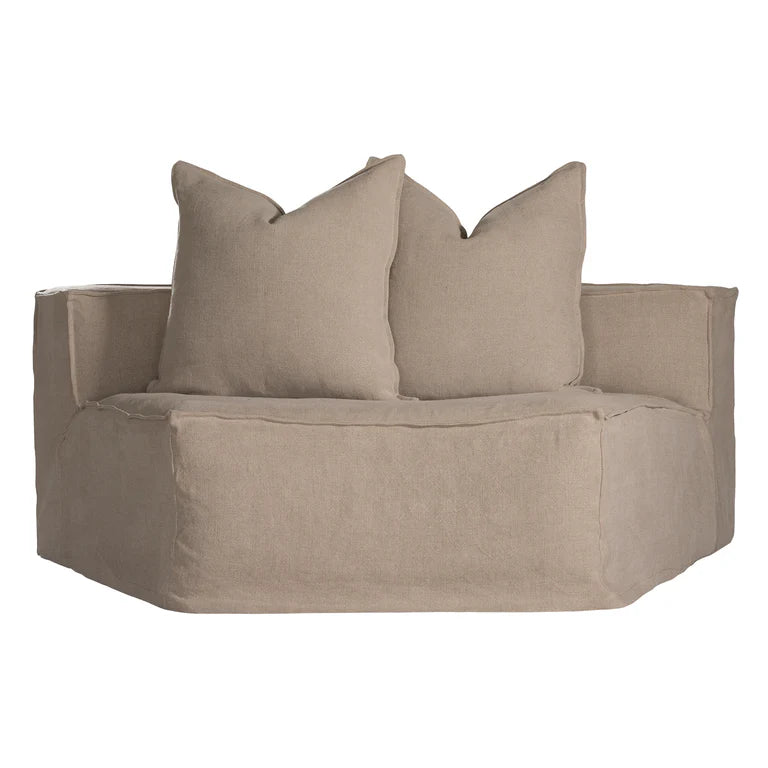 Uniqwa Hendrix Sofa curve section, with feather cushioning and removable slipcover, timber frame modern coastal sofa with scatter cushions, available in multiple colours.