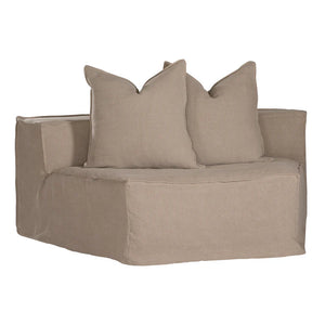 Uniqwa Hendrix Modular Sofa with curve section, with feather cushioning and removable slipcover, timber frame modern coastal sofa with scatter cushions, available in multiple colours. Front of curve section.