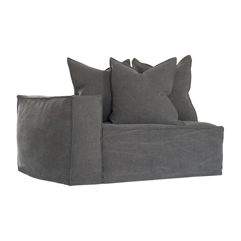 Hendrix Sofa one seater with left hand arm in charcoal, with feather cushioning and removable slipcover, timber frame modern coastal sofa with scatter cushions, available in multiple colours.