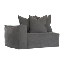 Load image into Gallery viewer, Hendrix Sofa one seater with left hand arm in charcoal, with feather cushioning and removable slipcover, timber frame modern coastal sofa with scatter cushions, available in multiple colours.