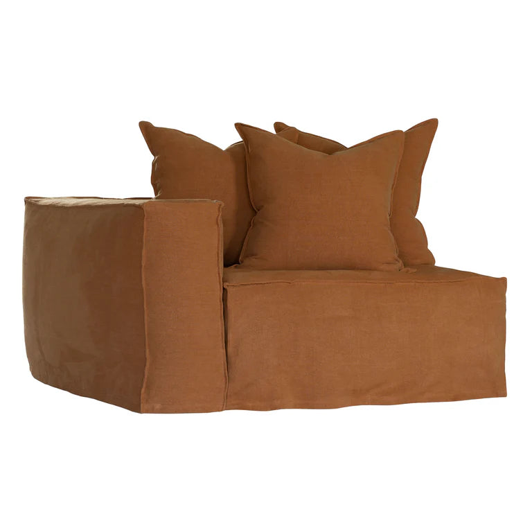 Hendrix Sofa one seater with left hand arm in clay, with feather cushioning and removable slipcover, timber frame modern coastal sofa with scatter cushions, available in multiple colours.