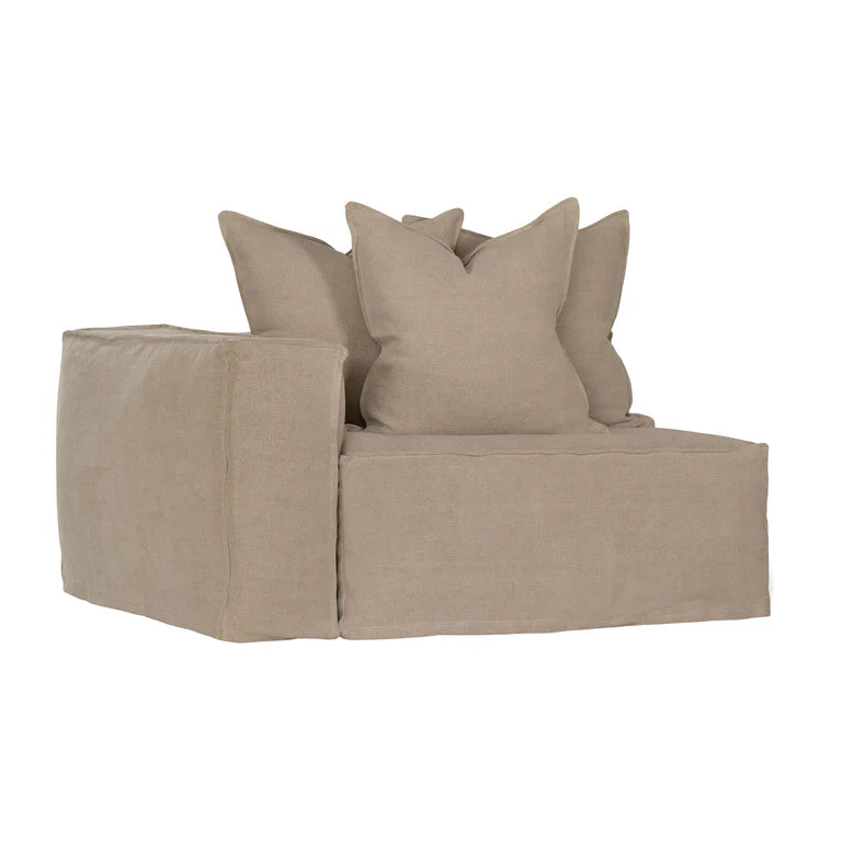 Hendrix Sofa one seater with left hand arm in oatmeal, with feather cushioning and removable slipcover, timber frame modern coastal sofa with scatter cushions, available in multiple colours.
