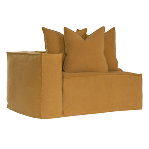 Hendrix Sofa one seater with left hand arm in ochre, with feather cushioning and removable slipcover, timber frame modern coastal sofa with scatter cushions, available in multiple colours.