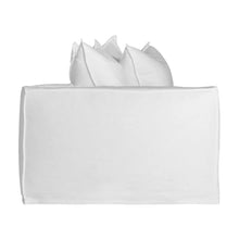 Load image into Gallery viewer, Hendrix Sofa one seater with left hand arm in white, with feather cushioning and removable slipcover, timber frame modern coastal sofa with scatter cushions, available in multiple colours. Side facing.