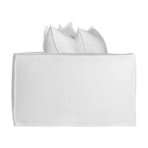 Hendrix Sofa one seater with left hand arm in white, with feather cushioning and removable slipcover, timber frame modern coastal sofa with scatter cushions, available in multiple colours. Side facing.