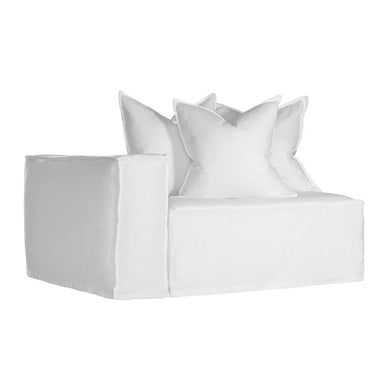 Hendrix Sofa one seater with left hand arm in white, with feather cushioning and removable slipcover, timber frame modern coastal sofa with scatter cushions, available in multiple colours.