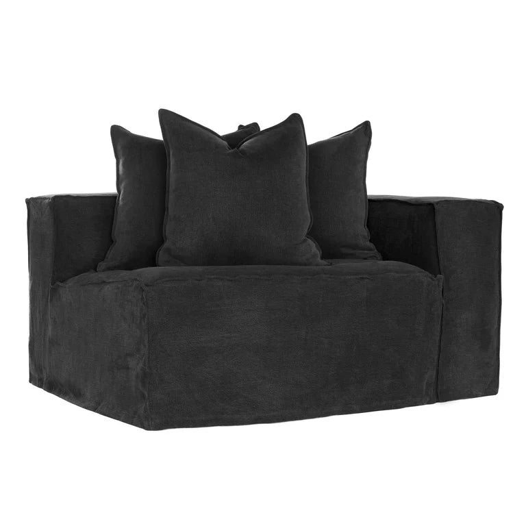 Hendrix Sofa one seater with right hand arm in black, with feather cushioning and removable slipcover, timber frame modern coastal sofa with scatter cushions, available in multiple colours.