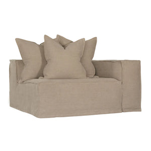 Hendrix Sofa one seater with right hand arm in oatmeal, with feather cushioning and removable slipcover, timber frame modern coastal sofa with scatter cushions, available in multiple colours.
