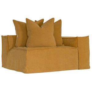 Hendrix Sofa one seater with right hand arm in ochre, with feather cushioning and removable slipcover, timber frame modern coastal sofa with scatter cushions, available in multiple colours.