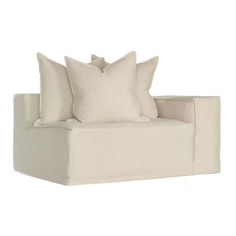 Hendrix Sofa one seater with right hand arm in sand, with feather cushioning and removable slipcover, timber frame modern coastal sofa with scatter cushions, available in multiple colours.