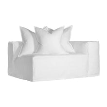 Load image into Gallery viewer, Hendrix Sofa one seater with right hand arm in white, with feather cushioning and removable slipcover, timber frame modern coastal sofa with scatter cushions, available in multiple colours.
