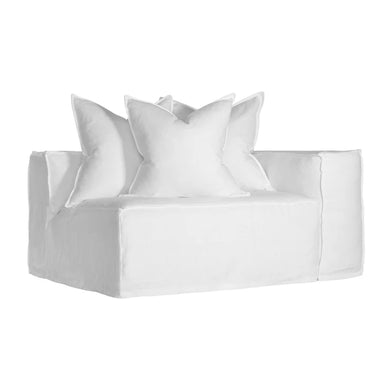 Hendrix Sofa one seater with right hand arm in white, with feather cushioning and removable slipcover, timber frame modern coastal sofa with scatter cushions, available in multiple colours.