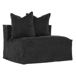 Uniqwa Hendrix Single Seat Sofa in black with feather cushioning and removable slipcover, timber frame modern coastal sofa with scatter cushions, available in multiple colours.