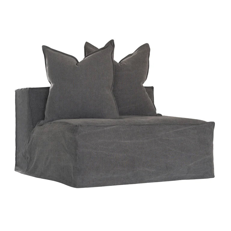 Uniqwa Hendrix Single Seat Sofa in charcoal with feather cushioning and removable slipcover, timber frame modern coastal sofa with scatter cushions, available in multiple colours.