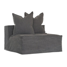 Load image into Gallery viewer, Uniqwa Hendrix Single Seat Sofa in charcoal with feather cushioning and removable slipcover, timber frame modern coastal sofa with scatter cushions, available in multiple colours.
