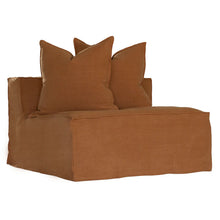 Load image into Gallery viewer, Uniqwa Hendrix Single Seat Sofa in clay with feather cushioning and removable slipcover, timber frame modern coastal sofa with scatter cushions, available in multiple colours.
