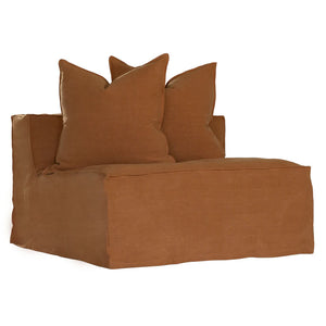 Uniqwa Hendrix Single Seat Sofa in clay with feather cushioning and removable slipcover, timber frame modern coastal sofa with scatter cushions, available in multiple colours.