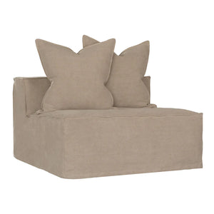 Uniqwa Hendrix Single Seat Sofa in oatmeal with feather cushioning and removable slipcover, timber frame modern coastal sofa with scatter cushions, available in multiple colours.