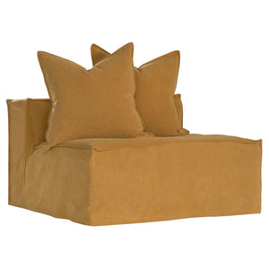 Uniqwa Hendrix Single Seat Sofa in ochre with feather cushioning and removable slipcover, timber frame modern coastal sofa with scatter cushions, available in multiple colours.