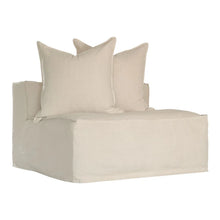 Load image into Gallery viewer, Uniqwa Hendrix Single Seat Sofa in sand with feather cushioning and removable slipcover, timber frame modern coastal sofa with scatter cushions, available in multiple colours.