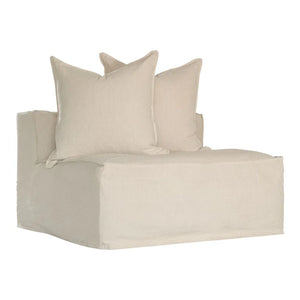 Uniqwa Hendrix Single Seat Sofa in sand with feather cushioning and removable slipcover, timber frame modern coastal sofa with scatter cushions, available in multiple colours.