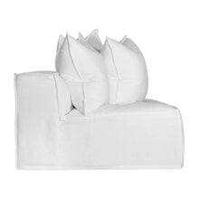 Load image into Gallery viewer, Uniqwa Hendrix Single Seat Sofa with feather cushioning and removable slipcover, timber frame modern coastal sofa with scatter cushions, available in multiple colours. Side perspective.