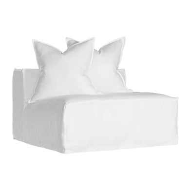 Uniqwa Hendrix Single Seat Sofa with feather cushioning and removable slipcover, timber frame modern coastal sofa with scatter cushions, available in multiple colours.