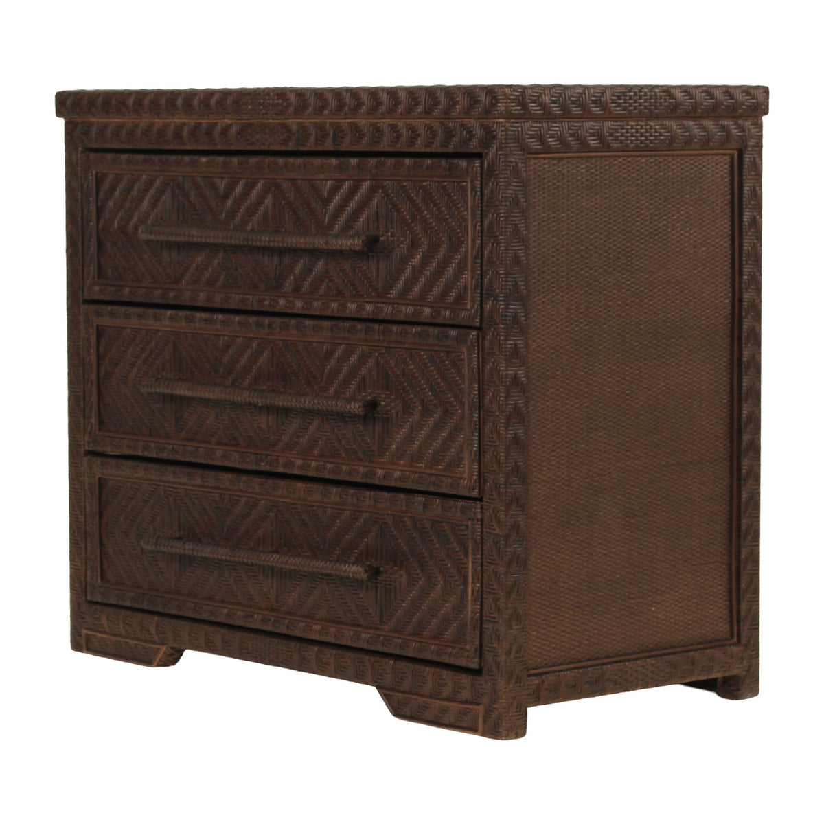 Isola three drawer rattan chest in Colonial Brown, angled view