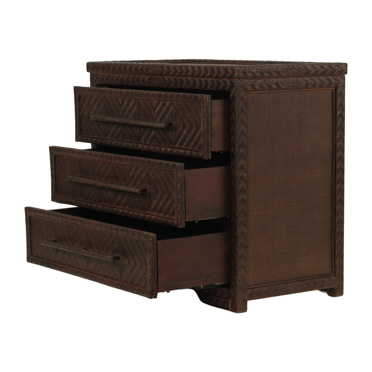 Isola three drawer rattan chest in Colonial Brown, angled view with drawers open