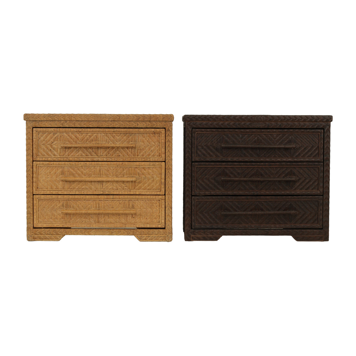 Isola three drawer rattan chest, front and top comparison of Natural Brown Wash on the left and Colonial Brown on the right