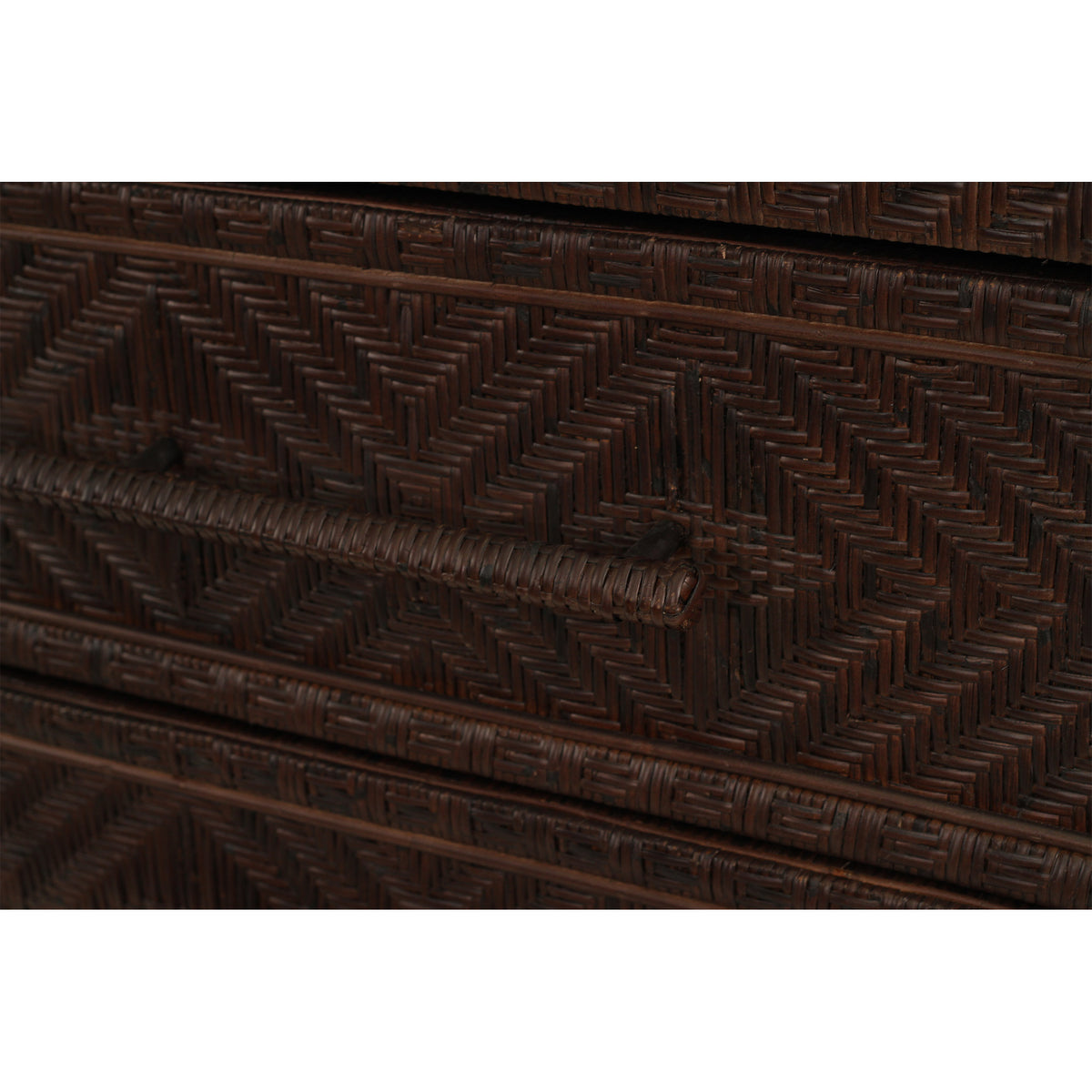 Isola three drawer rattan chest in Colonial Brown, woven rattan drawer front and handle detail
