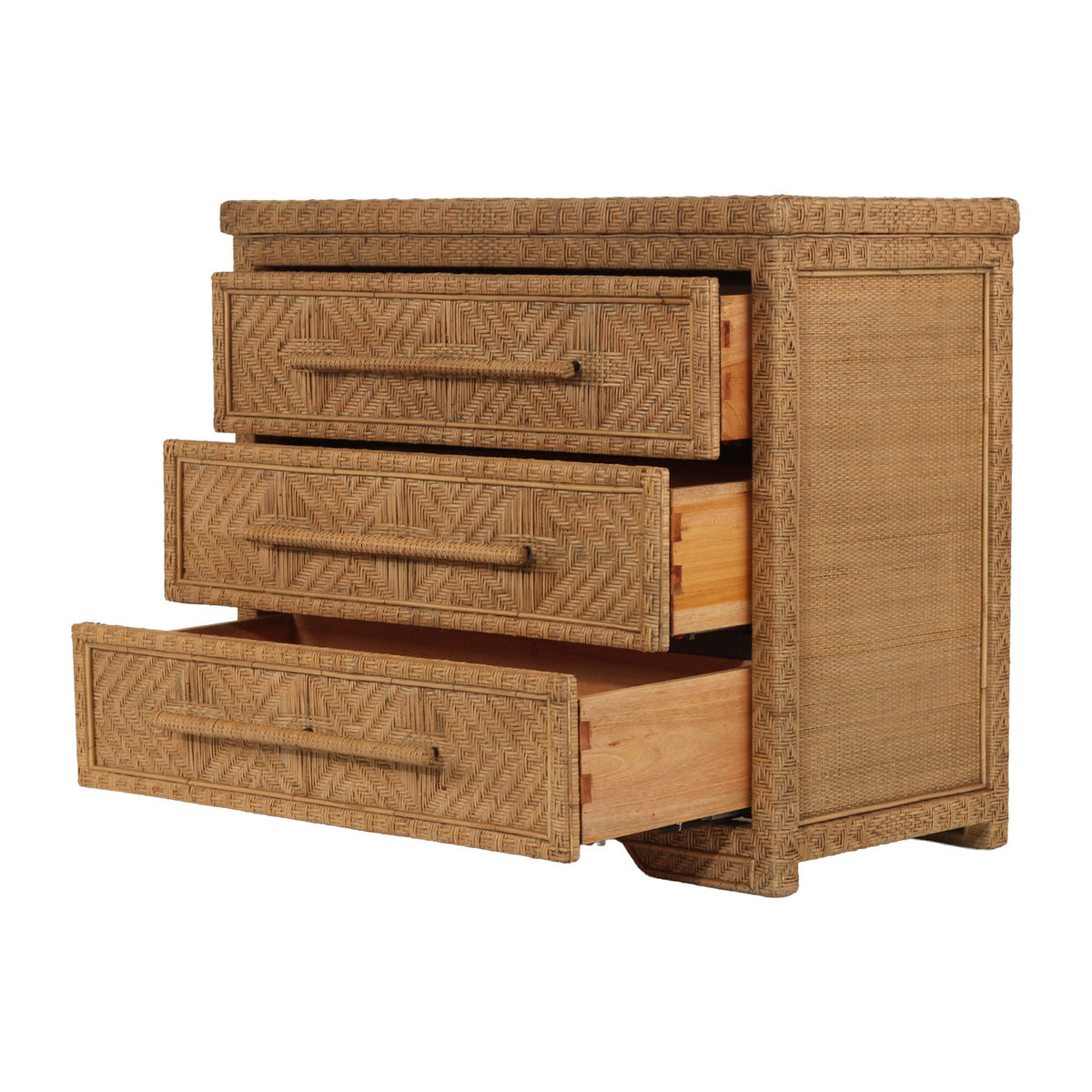 Isola three drawer rattan chest in Natural Brown Wash, angled view with drawers open