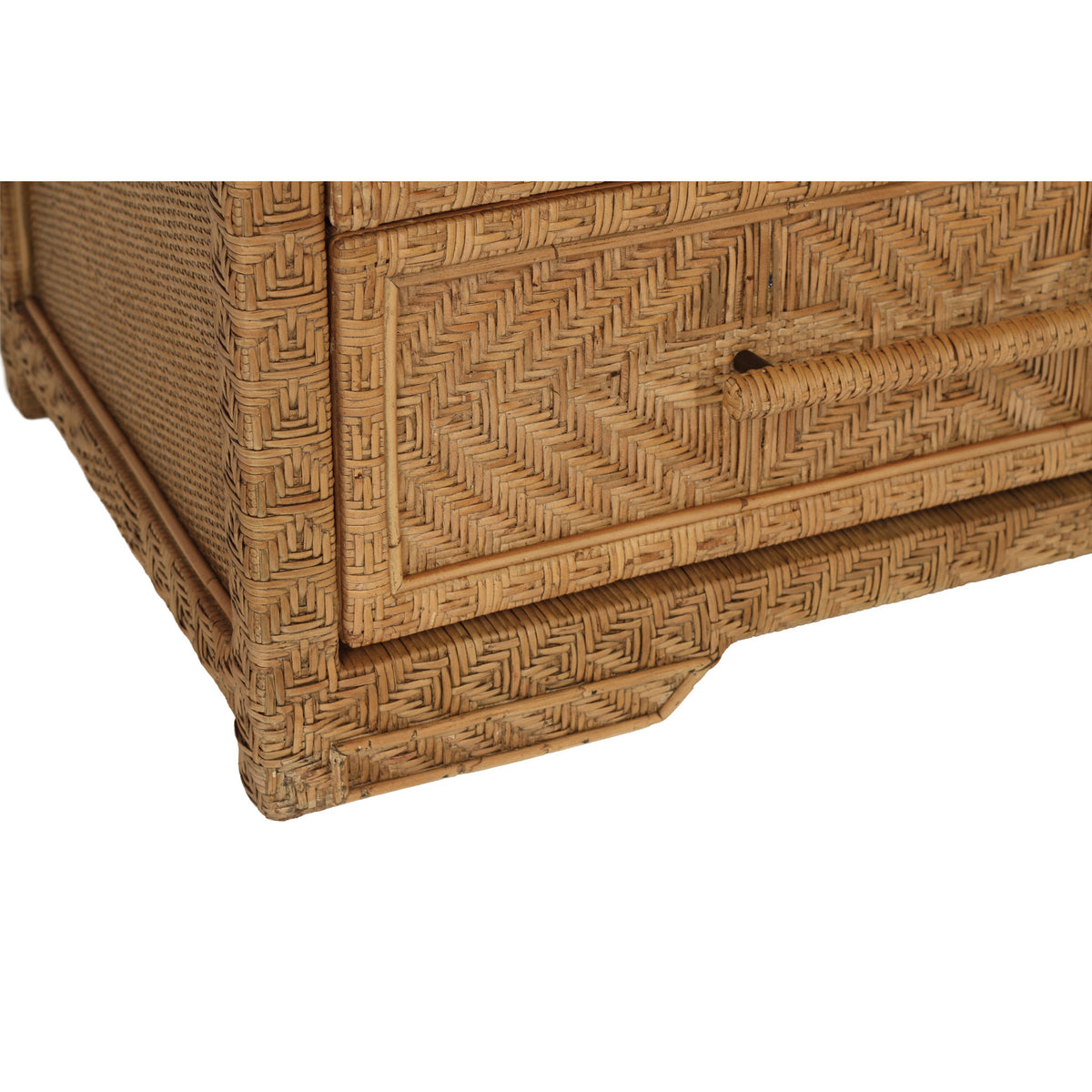 Isola three drawer rattan chest in Natural Brown Wash, woven rattan drawer front and handle detail