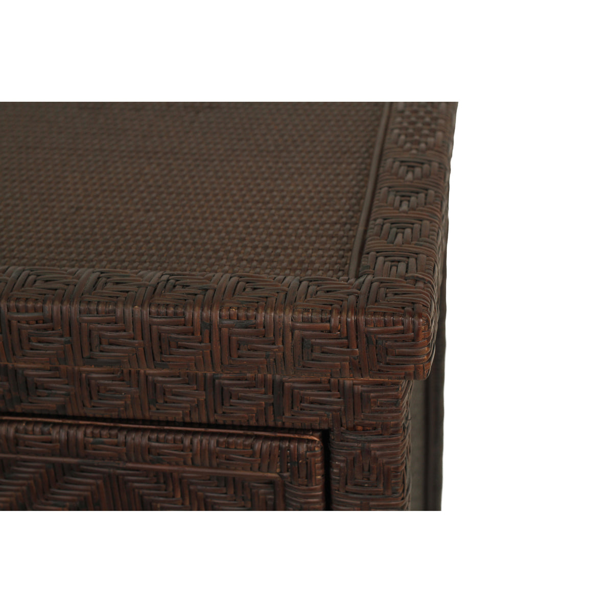 Isola six drawer rattan chest in Colonial Brown, woven rattan top and corner detail