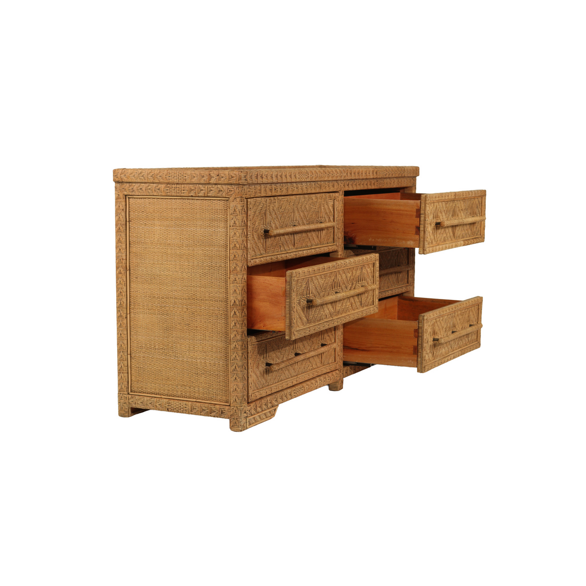 Isola six drawer rattan chest in Natural Brown Wash, woven rattan drawer and handle detail