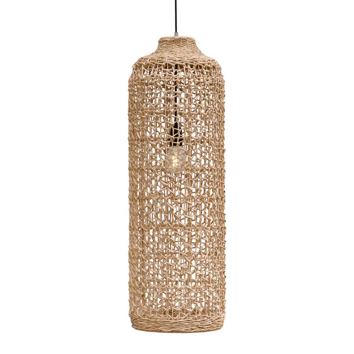 Lili Pendant Light Tall 91cm by Uniqwa Collections handcrafted from natural banana leaf fibres over an iron frame, woven pendant lighting for coastal and contemporary Australian interiors.