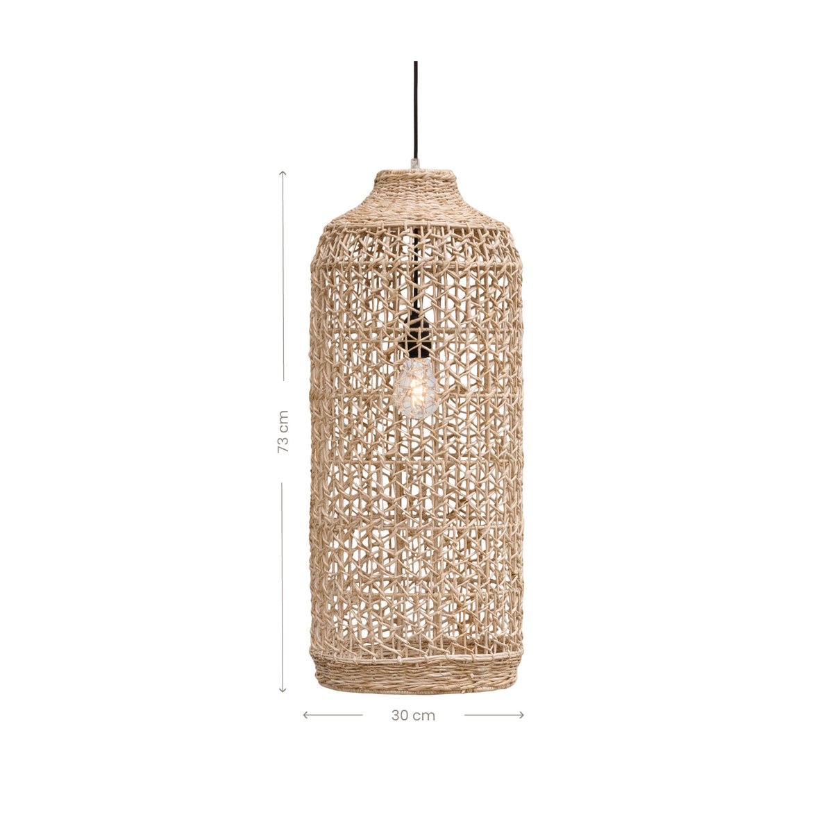 Lili Pendant Light X-Tall 73cm by Uniqwa Collections handcrafted from natural banana leaf fibres over an iron frame, natural woven pendant light for Australian homes. Dimensions.