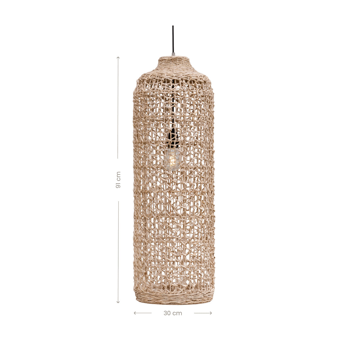 Lili Pendant Light X-Tall 91cm by Uniqwa Collections handcrafted from natural banana leaf fibres over an iron frame, natural woven pendant light for Australian homes. Dimensions.
