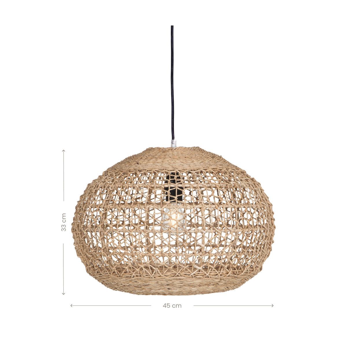 Dimensions for the Lili Round Woven Pendant Light showing handcrafted banana leaf fibre weaving and natural texture.