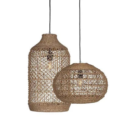 Lili Round Woven Pendant Light by Uniqwa Collections handcrafted from natural banana leaf fibres, designed to pair beautifully with the Lili Tall Woven Pendant Light for a layered lighting effect.