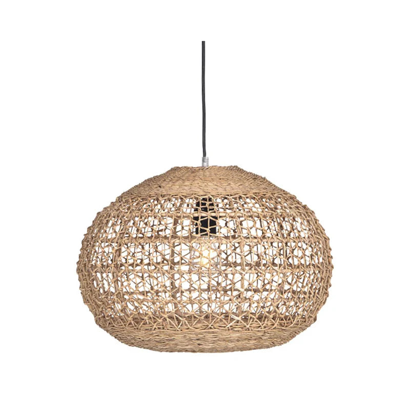 Lili Round Woven Pendant Light by Uniqwa Collections handcrafted from natural banana leaf fibres over an iron frame, round woven pendant lighting for coastal and contemporary Australian interiors.