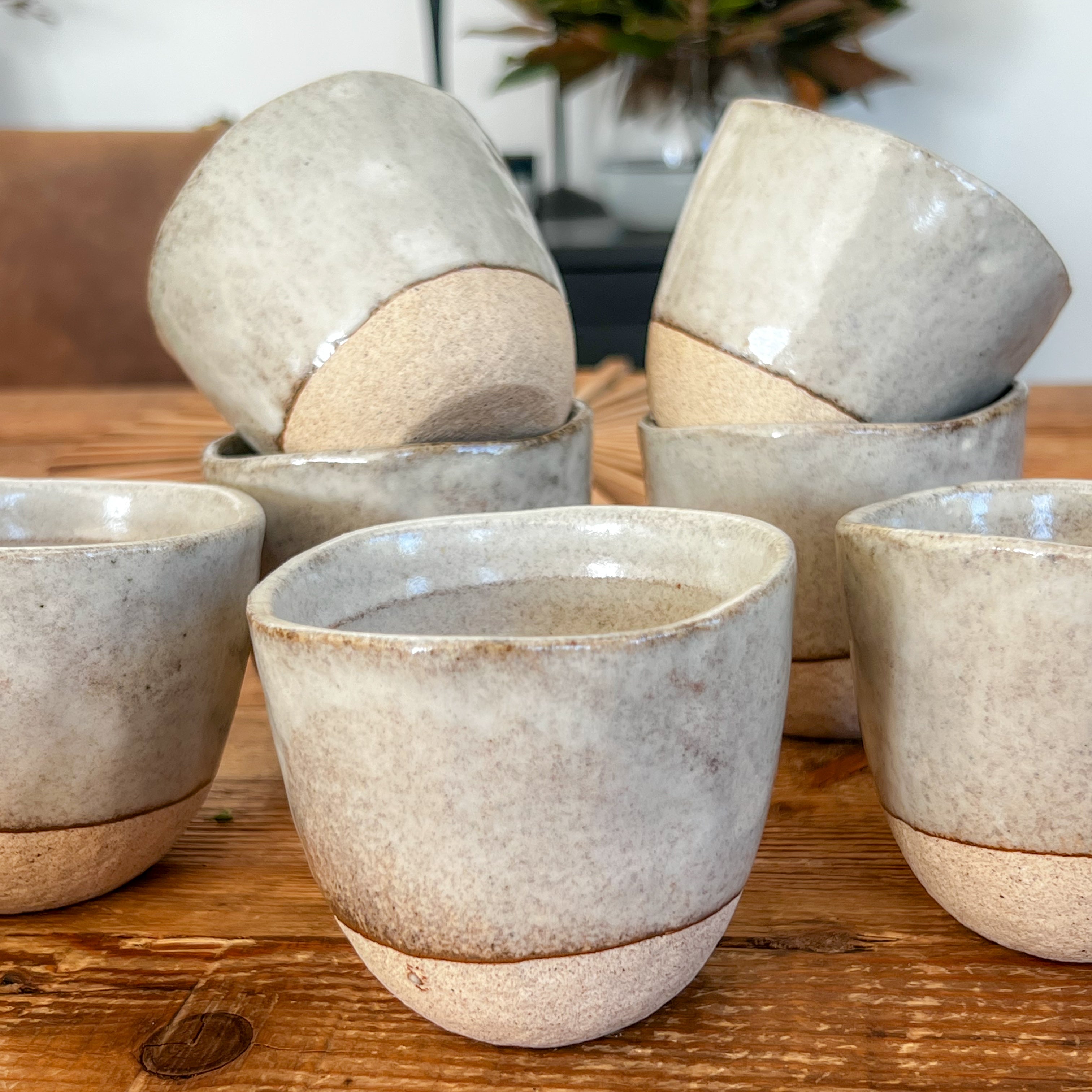 Set of two lopsided tea mugs in fawn, handcrafted Japanese ceramic stoneware from Villa Style