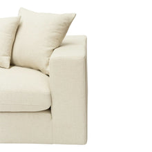 Load image into Gallery viewer, Lucca Four Seater Sofa in performance linen blend upholstery in Dune, refined design, available in boucle oatmeal or saddle leather.  Armrest.